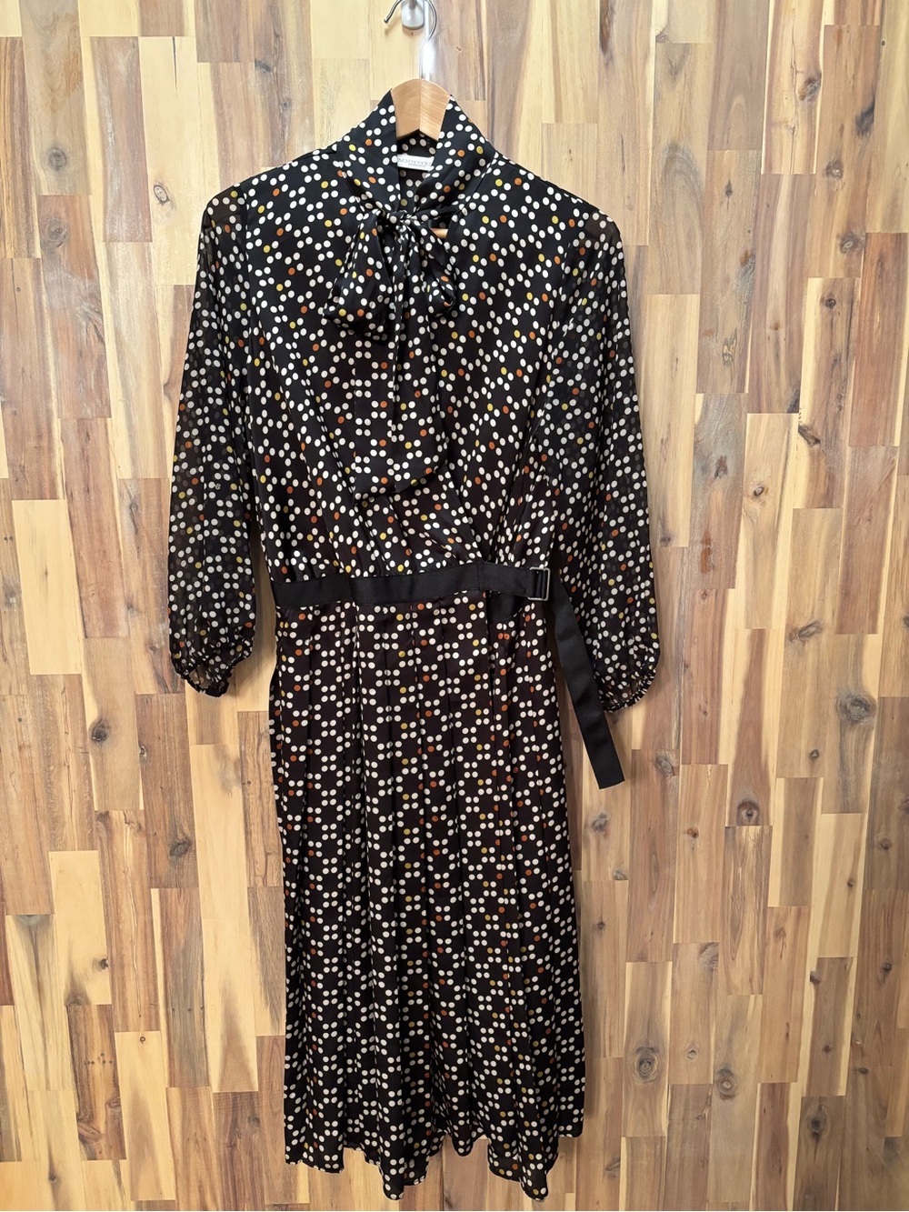 Eva Mendez NY&Co Black Geometric Mock Neck Pleated Midi Dress